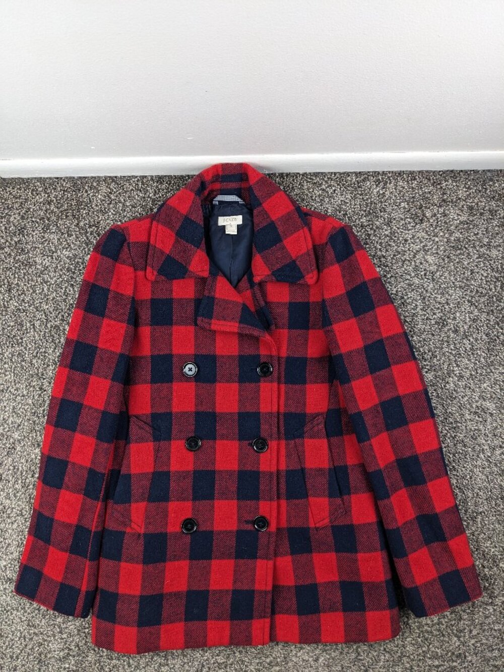 J Crew Pea Coat Wool Double Breasted Buffalo Plaid Checked Red Blue Womens Sz 2